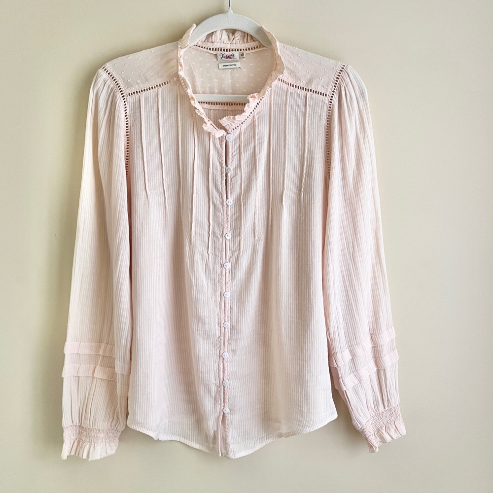 Faherty Top Women's Medium 100% Organic Cotton Peach Ruffles Smocking Cottage - Picture 1 of 12
